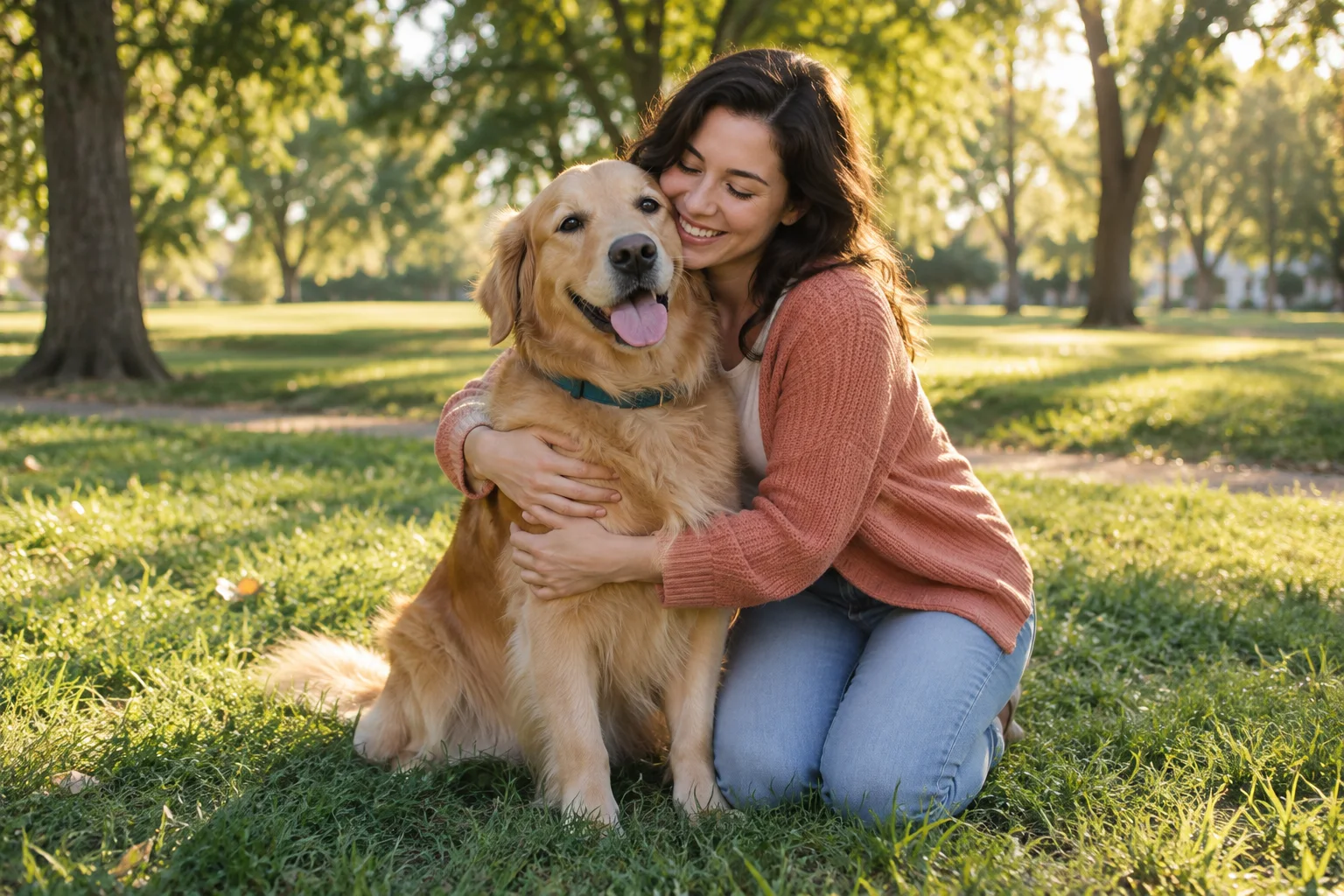 An illustrative scene of a person joyfully hugging a golden retriever in a sunlit park.